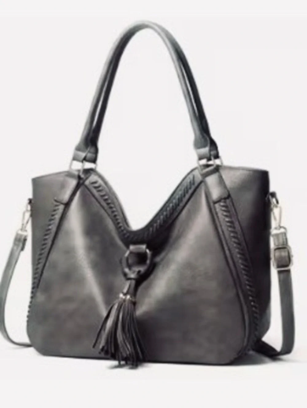 New -Faux Leather Shoulder Bag w/Tassel Details -Gray